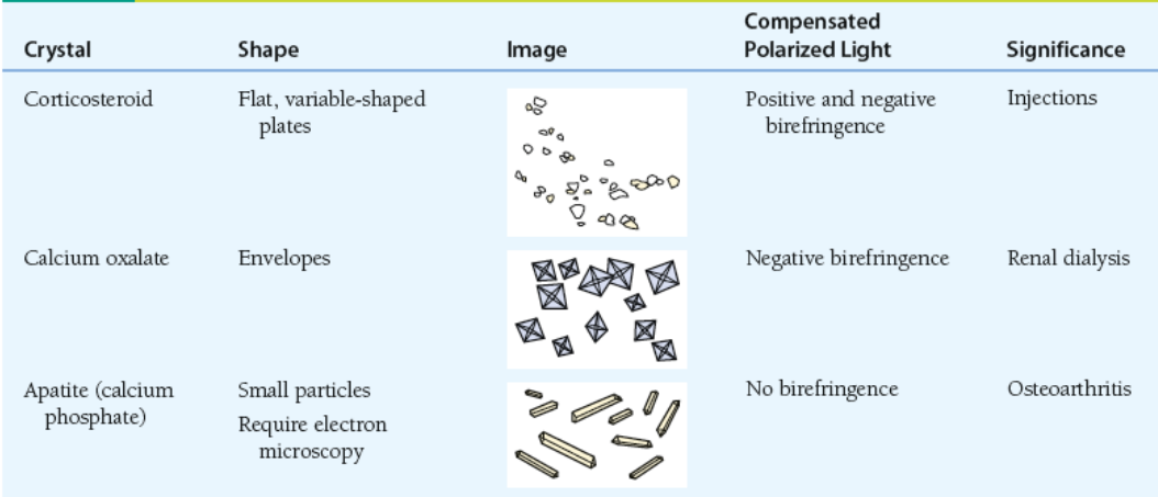 <p><strong><u>Characteristics of </u></strong><span style="color: yellow;"><strong><u>Synovial Fluid Crystals</u></strong></span></p><ul><li><p>Usually seen in <span style="color: yellow;">vacuoles </span></p></li><li><p><span style="color: rgb(255, 255, 255);"><strong><u>Shape</u></strong>:</span><span style="color: yellow;"> Rhomboid square, rods</span></p></li><li><p><span style="color: rgb(255, 255, 255);"><strong><u>Compensated Polarized light</u></strong>: </span><span style="color: red;">(+)</span><span style="color: rgb(255, 255, 255);"> </span><span style="color: yellow;">Bifringence </span></p></li><li><p><span style="color: rgb(255, 255, 255);"><strong><u>Significance</u></strong>: </span><span style="color: yellow;">Pseudogout  (e.g athletes) </span></p></li></ul><p></p><p><em>Attached photo are just other types lang</em></p><p></p>