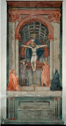 <p>Masaccio, fresco in the church of Santa Maria Novella, Florence, c. 1425.</p><p>-first and clearest demonstrations of true linear perspective and a major breakthrough of the early Renaissance.</p><p>-math and art </p><p>-Masaccio’s innovations influenced later masters like: Leonardo da Vinci Michelangelo</p>