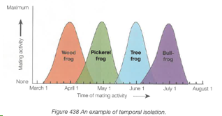 <p>Interbreeding is prevented by the fact that the two species in question reproduce at different TIMES of the day, season, or year </p><p>E.g. plants that pollinate in winter cannot reproduce with plants that pollinate in summer</p><p>Mammals that are nocturnal are unlikely to mate with species that are active during the day</p>