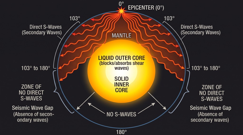 <p>What term/concept is being visualized in this image?</p><p>Definition: A broad region extending from 103° to 180° opposite an epicenter where secondary shear waves cannot pass, demonstrating that the outer core is liquid.</p>
