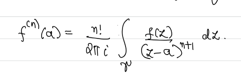 <p>1/2ipi <em>∫ f(z)/z-a dz = f(a)<br>and<br>the nth derivative of f at a = n!/2ipi </em>∫f(z)/(z-a)^(n+1) dz <em>(</em>provided the nth deriative exists)<br><br>gamma must be a closed curve, f must be holomorphic on and inside gamma</p>