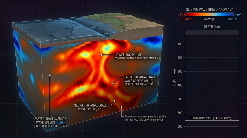 <p>What term/concept is being visualized in this image? </p><p>Definition: Features on 3D subsurface maps representing slower-than-average wave speeds, corresponding to warmer, softer, or less rigid upwelling material.</p>