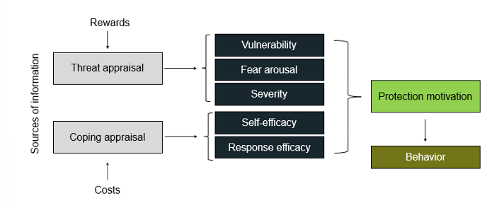 <p>sources of information (environmental (persusion, observational learning), intrapersona (personality, experience))l)</p><p> will trigger 2 processes:</p><ul><li><p><strong>threat appraisals</strong>: influenced by perception of <u>reward</u>, elements that would increase or decrease <em>maladaptive behavior</em></p><ul><li><p>rewards = lead to increase in maladaptive behavior</p></li><li><p>vulnerability &amp; severity = inhibitors of maladaptive behavior</p></li></ul></li><li><p><strong>coping appraisal</strong>: influenced by the perception of <u>costs</u></p><ul><li><p>strategies that can be used to deal with the threat</p></li><li><p>self-efficacy and response efficacy increase chance of <em>adaptive behavior</em></p></li></ul></li><li><p>=></p></li><li><p><strong>protection motivation</strong> = intention to perform a behavior</p><ul><li><p>= positive function of vulnerability, severity, response efficacy and self-efficacy</p></li><li><p>= negative function of the rewards and costs</p></li></ul></li></ul><p></p><p>pros/cons</p><p></p>