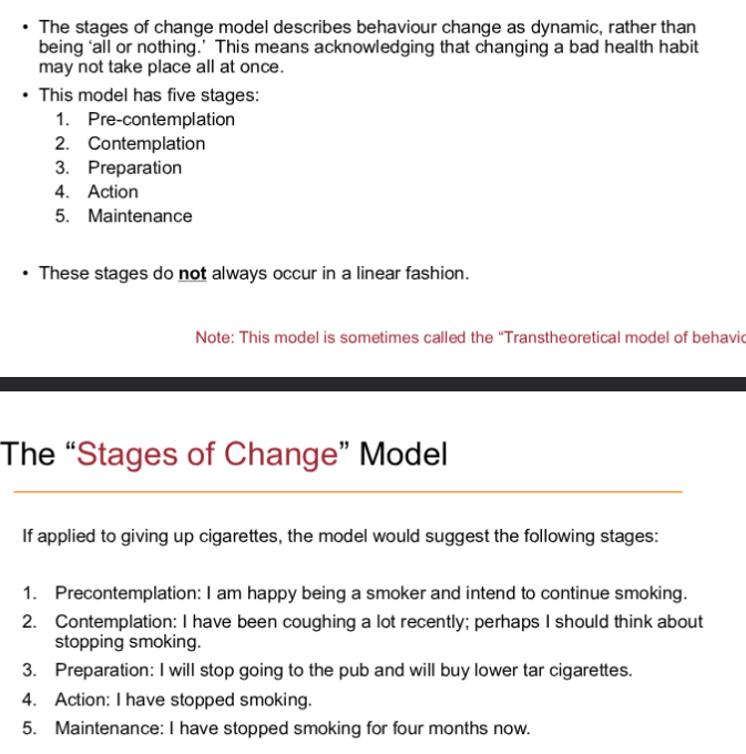 <p>model captures process people go through (practical), illustrates that successful change may not occur on first try, explains why people are not often successful on changing behavior and esp on first try</p>