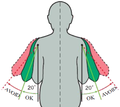 <ul><li><p>Upper arm parallel to axis of torso</p></li><li><p>Elbows at wasit level slightly away from body</p></li></ul><p><span style="color: rgb(255, 0, 0);"><strong>Avoid</strong></span></p><ul><li><p>Greater than 20 degrees of elbow abduction</p></li><li><p>Elbow above waist level</p></li></ul><p></p>
