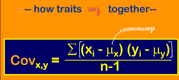 <p><strong>Covariance (________)</strong></p><ul><li><p>How traits <span style="color: blue;"><strong>vary </strong></span>together </p></li></ul><p></p>