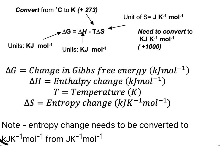<p><span>Note - entropy change needs to be converted to kJK</span><sup>-1</sup><span>mol</span><sup>-1</sup><span>&nbsp;from JK</span><sup>-1</sup><span>mol</span><sup>-1</sup></p>