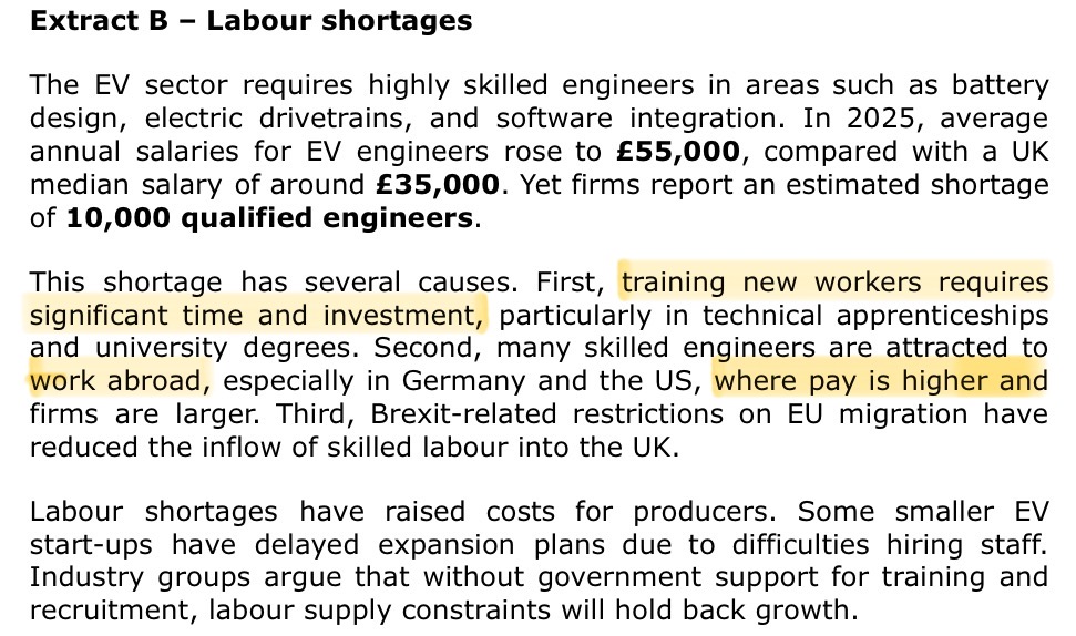 <p>Examine two factors influencing the supply of labour in the EV sector (8)</p>