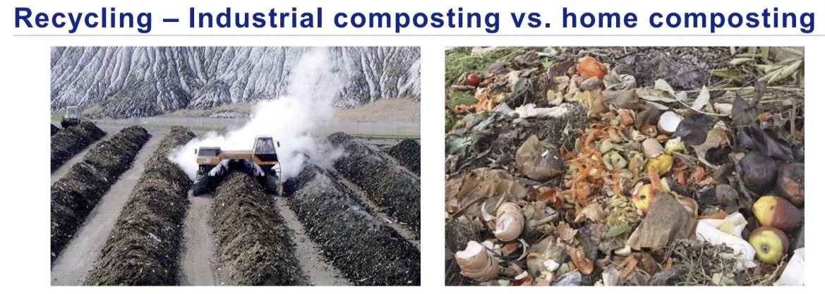 <p><strong>Industrial composting</strong></p><ul><li><p>takes place in industrial composting plants</p></li><li><p>The composting process carefully controlled with specific conditions (temp &amp; moisture) that allow the plastic to break down efficiently</p></li></ul><p></p><p><strong>Home composting</strong></p><ul><li><p>no specific conditions</p></li><li><p>No predetermined time</p></li></ul><p></p>