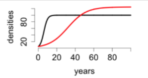 <p>the dynamics of two populations, call them black and red, are shown to the right. which of these populations has the higher intrinsic rate of growth? the higher carrying capacity?</p>