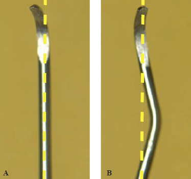 <p><strong>Simple shank design (A) </strong></p><ul><li><p>aka straight shank</p></li><li><p>Use on anterior teeth</p></li></ul><p></p><p><strong>Complex shank design (B) </strong></p><ul><li><p>Bent in 2 planes (front to back or side to side) to facilitate instrumentation of posterior teeth</p></li><li><p>Aka angled or curved shank</p></li><li><p>Crowns of posterior teeth are rounded or overhand their roots. Complex shank is needed to reach around posterior crown onto root surface. </p></li></ul><p></p><p><strong>How to determine if shank is simple or complex?</strong></p><ul><li><p>Hold working end towards you</p></li></ul><p></p>