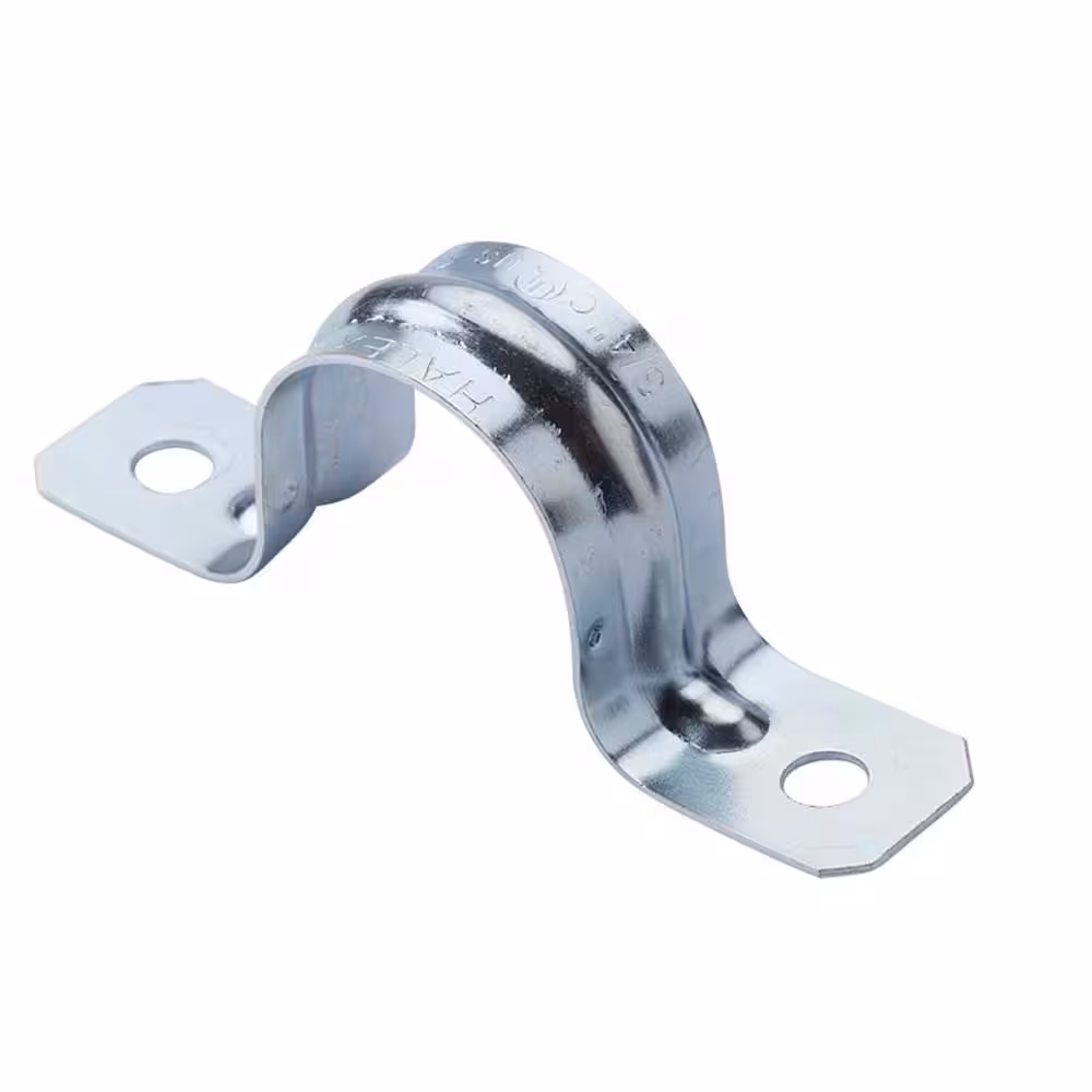 <p>Metal fastening straps used to secure conduit to surfaces, with single or double foot designs that wrap around EMT, rigid, or PVC conduit.</p>