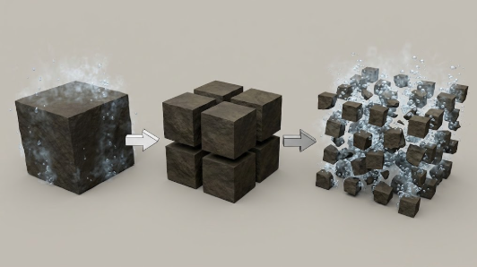 <p>What term/concept is being visualized in this image?</p><p>Definition: The geometric principle that breaking a solid mass into smaller pieces dramatically increases its total exposed surface area, providing more space for chemical reactions to occur.</p>