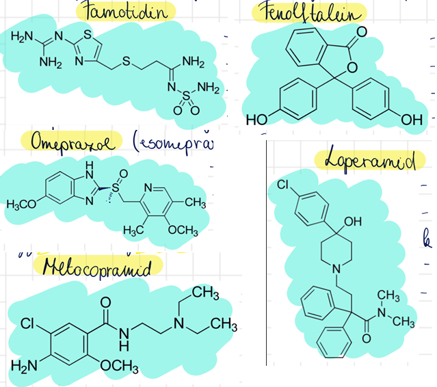 <p>metoklopramid (Cerucal) <br>famotidin (Quamatel) <br>ezomeprazol (Nexium) <br>fenolftalein <br>loperamid (Imodium)</p>