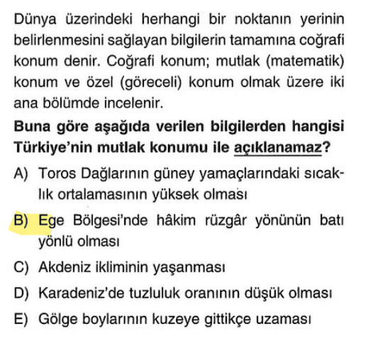 <p>Rüzgarın yönünü dağların uzanış doğrultusu belirler. Ege'de dağlar denize dik uzandığı için rüzgar içeriye batıdan girer. Bu <strong>özel (göreceli) konumdur.</strong></p>