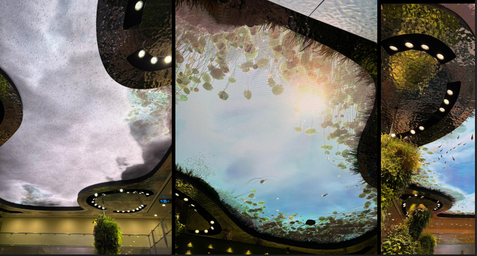 <p>digital sky connected to weather station so it reflects the actual weather outside the airport</p><p>At times will project a water environment so it feels like you are underwater</p><p>“a lush garden beneath a sprawling digital sky”</p>