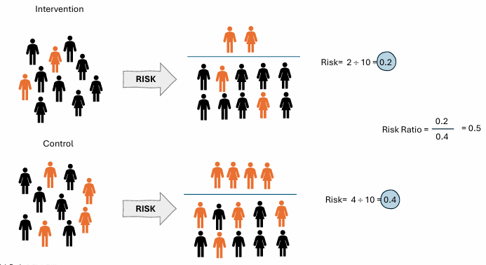 <p>the risk of the outcome in the intervention group is 0.5 times the risk of the outcome in the control group </p><p>the risk of the outcome is reduced by 50% among participants in the intervention group compared to control group </p>
