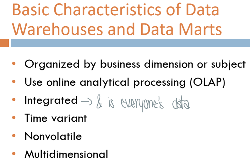 <p>Data warehouse</p><ul><li><p>storage of historical data organized by subject to support decision making → has value, such as sales from 2023</p></li></ul><p>Data mart</p><ul><li><p>low-cost, scaled down version of data warehouse designed for user needs → borrowing/copy of part of data to be cleared after → ex. Finance seeks sales data from 2025</p></li></ul><p></p>