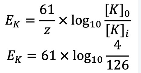 <ul><li><p>helps determine conc. of ion outside/inside </p></li><li><p>if top is smaller than bottom (out is less than in) then Eion is negative</p></li><li><p>concentration difference determines Eion </p></li></ul><p></p>