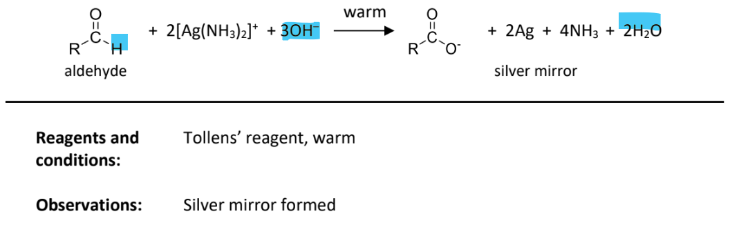 <p>RnCs: Tollens’ reagent( contains [Ag(NH<sub>3</sub>)<sub>2</sub>]<sup>+</sup> ), warm</p><p>Observation: silver mirror formed</p><p></p><p>Note: [Ag(NH<sub>3</sub>)<sub>2</sub>]<sup>+</sup> is unstable and needs to be freshly prepared</p><ul><li><p>one drop of NaOH(aq) added to 3cm<sup>3</sup> of AgNO<sub>3</sub>(aq) to produce Ag<sub>2</sub>O(dark brown ppt)</p></li><li><p>dilue NH<sub>3</sub>(aq) added dropwise until ppt dissolves</p></li></ul><p></p>