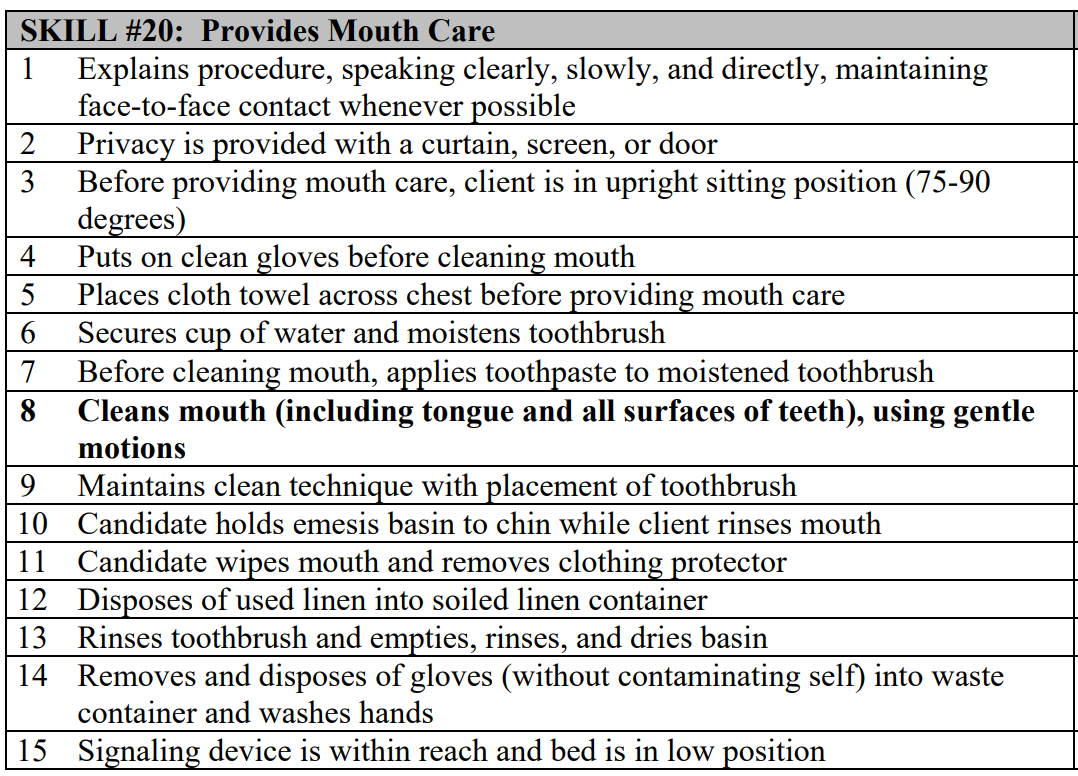 <p>Seven Items: Toothbrush, toothpaste, toothbrush basin, towel for chest, washcloth, cup of water, gloves</p>