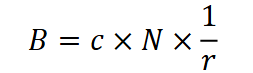 <p>B = cN/r</p><p></p><p>B = Bandwidth (measured in Hz)</p><p>c = Case factor</p><p>r =  the number of data elements/signal</p><p>N = the bit rate/data rate (in bps)</p>
