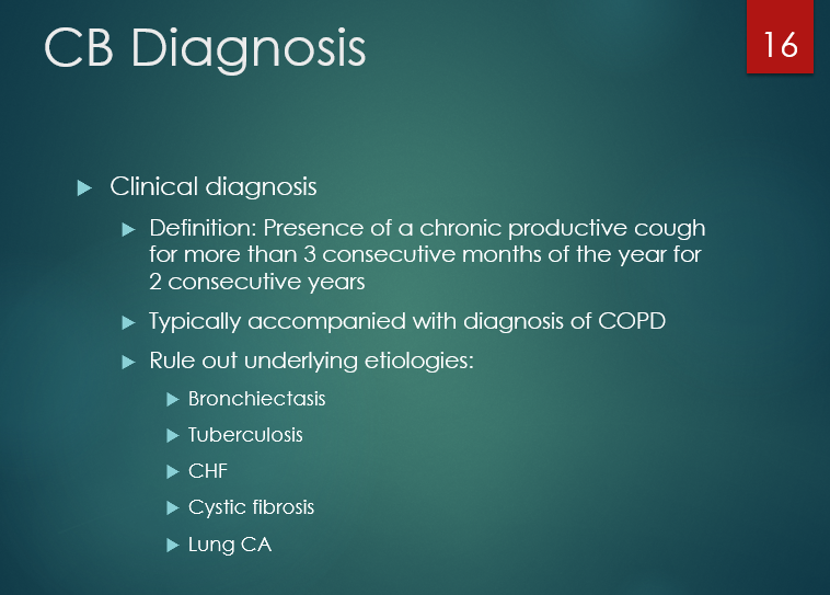 <p><span style="font-family: "Century Gothic";">Presence of a chronic productive cough for more than <strong><u>3 consecutive months of the year for 2 consecutive years</u></strong></span></p>