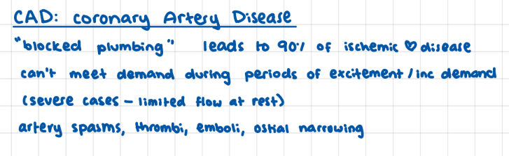 <p>blocked plumbing, leads to 90% of ischemic disease</p><p>blocked plumbing limit flow so can’t meet moments of higher demand</p><p>cause Angina Pectoris 3 presentations (before Ischemic Heart disease)</p>