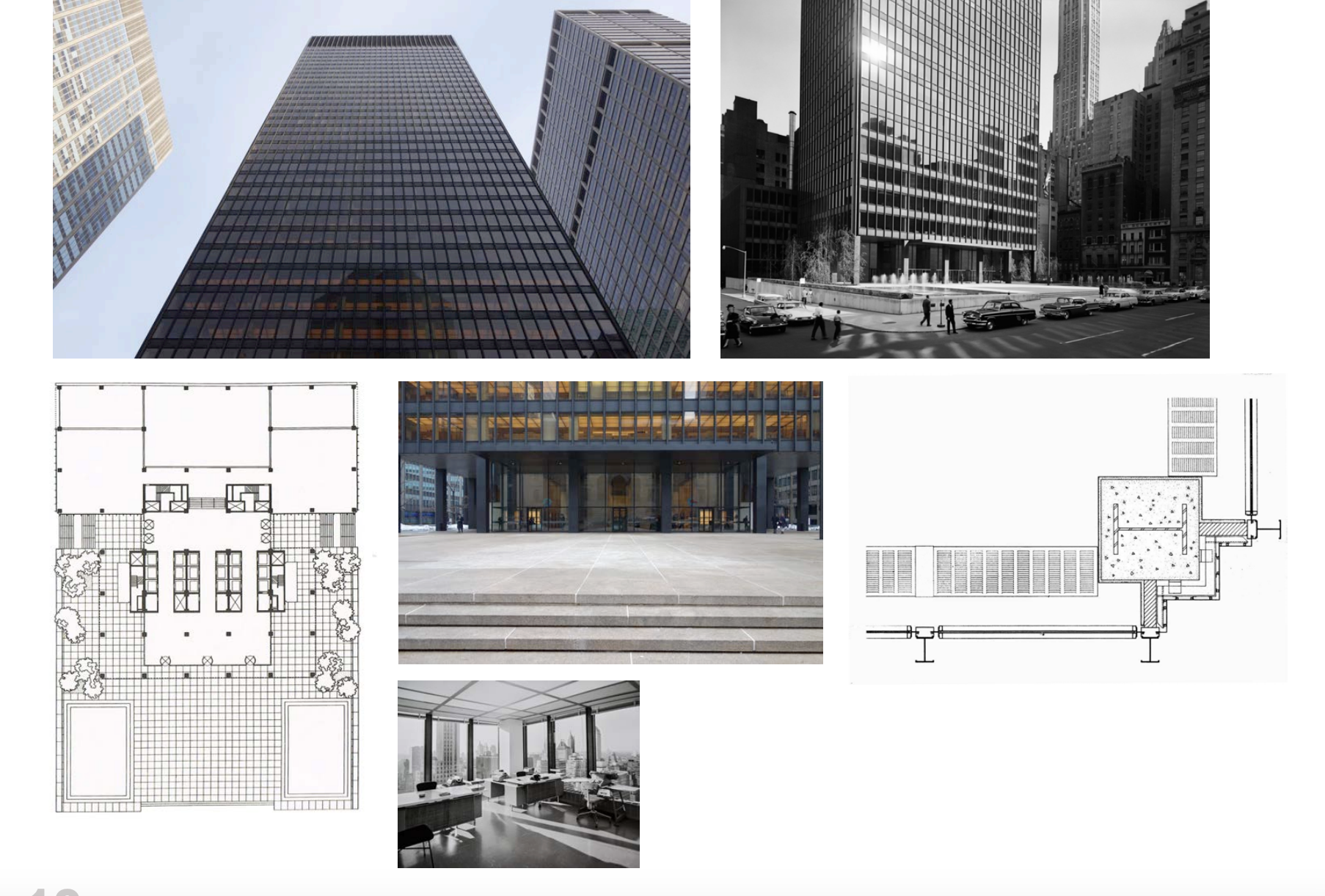 <p>Crown hall idea, stack several on top of each other to create a skyscraper</p><p>Lofty, pushed back from the street to create a public space in front of the building, rather than building with a setback and building with the full lot, you could set the entire building back within the lot, it could be as tall as you want</p><p>Travertine inside (Roman materials), bronze, steel beams, giant I-beams, sticks decorative I-beams on the side of the building to show people the internal structures </p><p>Dialogue between portico looking across the street to the Roman revival building across the street</p><p>Every office has maximum light, creating a pleasant, comfortable environment</p><p></p>