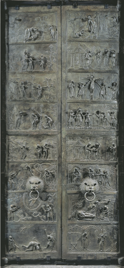 <p><span>Bronze doors, Hildesheim, c. 1015,</span></p><p style="text-align: left;"><span>472 x 226 cm.</span></p><p><span>(16 feet high)</span></p>