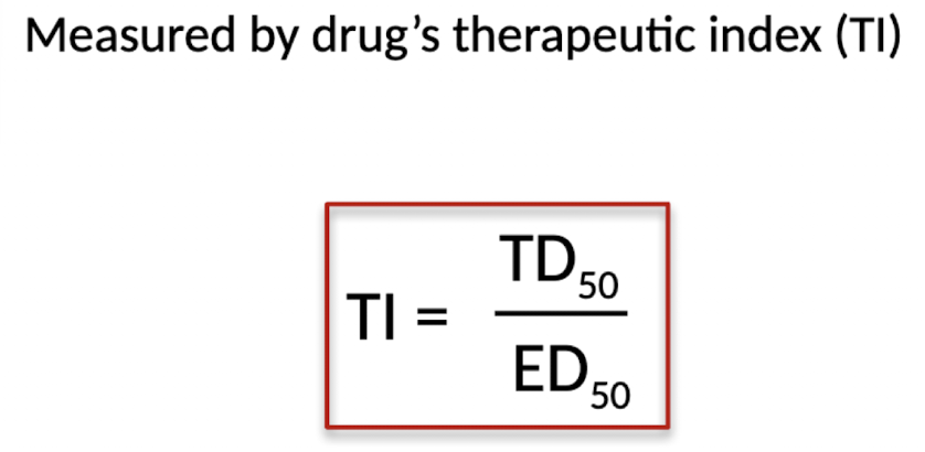 <p>The therapeutic index is the ratio between the toxic dose of a drug and its effective dose, indicating how safe a drug is, with a higher therapeutic index meaning greater safety.</p>