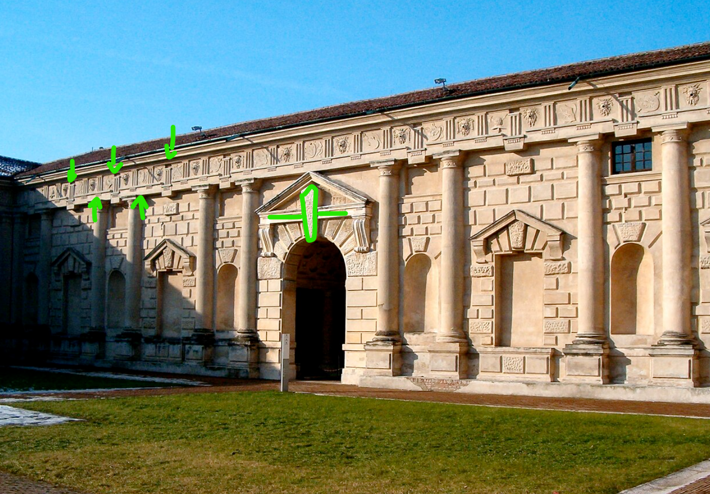 <p>not a straight line with the triglyphs</p><p>the keynote interrupts and goes in the pediment</p>