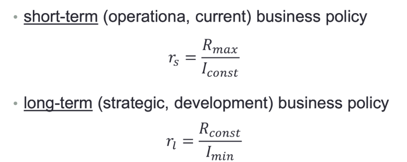 <p><span>methodical decision-making process of using logic, data, and objective criteria to select the best possible course of action among alternatives, aiming to maximize benefits or utility. MAX INPUT ( investment) WITH MAX OUTPUT (revenue).</span></p><ul><li><p><span>Short-term (operation, current) business policy&nbsp;</span></p></li><li><p><span>Long-term (strategic, development) business policy&nbsp;</span></p></li></ul><p></p>