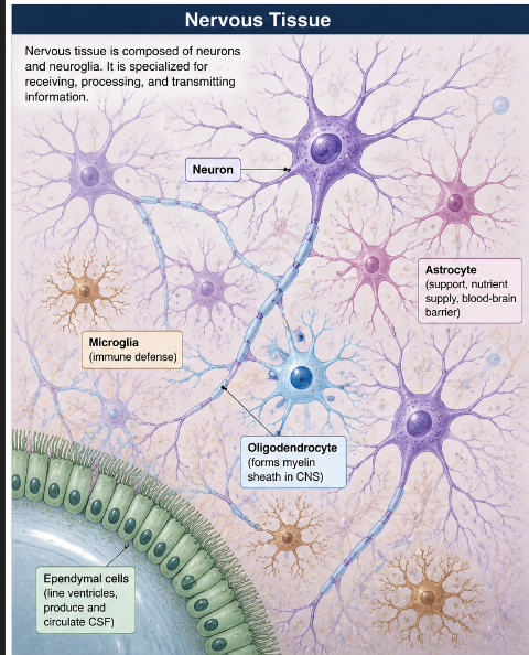 <p>Cell types within nervous tissue?</p>
