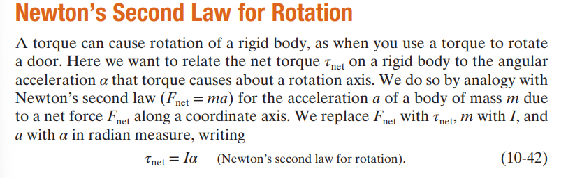 <p>In the same way how there is the relationship F = ma, so too there is an equivalent for rotational dynamics:</p><p></p><p>T = I * a</p><p></p><p>T = torque force generated (NET force too)</p><p></p><p>I: Moment of inertia of the object </p><p></p><p>a: the angular acceleration of the object</p><p></p><p></p><p></p><p></p>