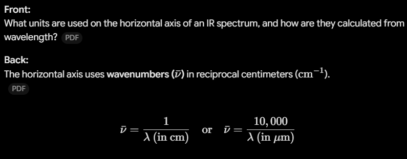 <p><span>The horizontal axis uses <strong>wavenumbers (</strong></span><span style="line-height: 1.15;"><strong>$\bar{\nu}$</strong></span><span><strong>)</strong> in reciprocal centimeters (</span><span style="line-height: 1.15;">$\text{cm}^{-1}$</span><span>).</span></p>