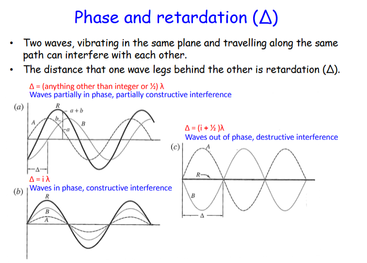 <p>Velocity of light changes depending on the medium (will change going through the crystal), frequency will tend not to change</p><p>so for example it will be slower in glass than air because the glass is denser. glass has more intereference because it is thicker</p>
