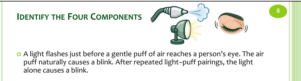 <p>Air-puff example: identify the US, UR, CS, and CR.</p>