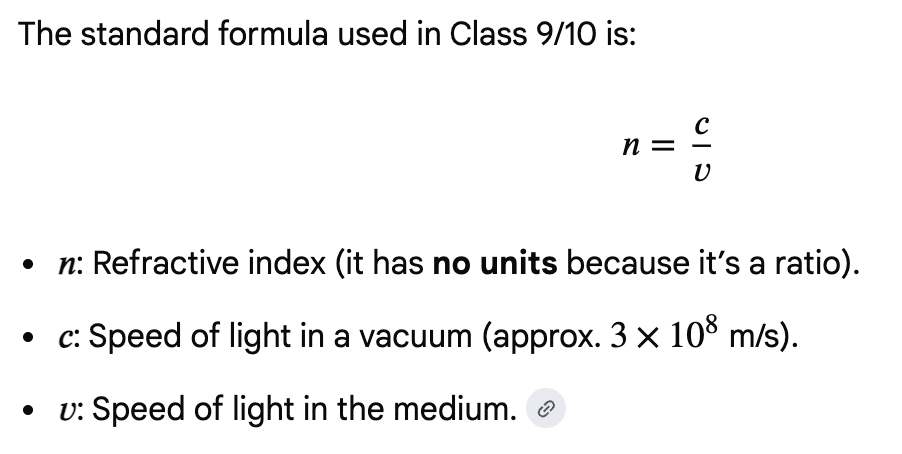 <p>Light travels at different speeds in different materials. The refractive index is essentially a ratio comparing the speed of light in a vacuum to its speed in a specific material.</p>