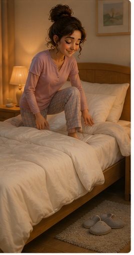 <p>Me meto en la cama</p>
