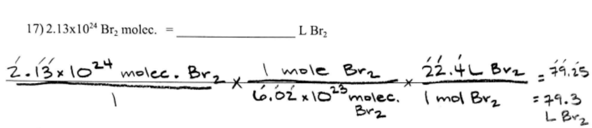 <p>use avogadro’s number (6.02 × 10^ 23) but this time it is on bottom because you go to moles</p><p>Multiply by 22.4 L to get it to liters</p>