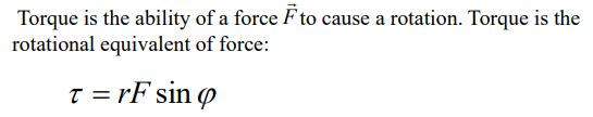 <ul><li><p>units N * m</p></li><li><p>r = distance measured from the axis of rotation to the point of application of the force</p></li><li><p>F = the force applied</p></li><li><p>angle = the angle between r and F</p></li></ul><p></p>