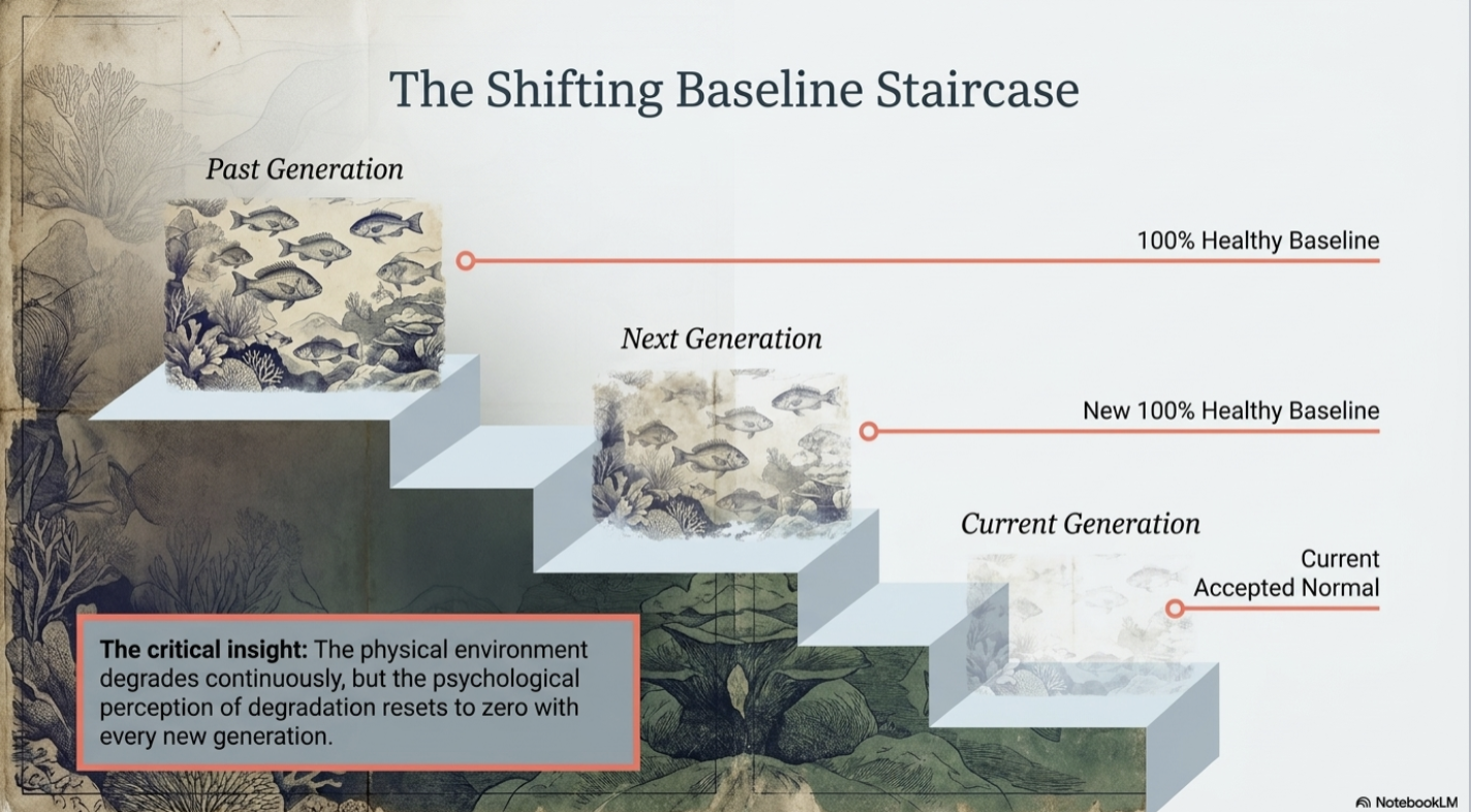 <ul><li><p><strong>The Fading Blueprint</strong>: A book about how the shifting baseline syndrome blinds people to ecological decline</p></li><li><p><strong>Concept</strong>: Shifting Baseline Syndrome/Environmental Generational Amnesia</p></li><li><p><strong>Mechanisms</strong>: A gradual change in the accepted norms for the condition of the natural environment due to a lack of experience, memory, or knowledge of its past condition. Knowledge goes extinct because younger generations never saw the past conditions, creating a blindspot where failing to pass experience to the future. </p></li><li><p><strong>Result</strong>: We transform the world but we fail to remember what we have transformed. Biological change must exist AND perception must show age-related differences matching data. </p></li></ul><p></p>