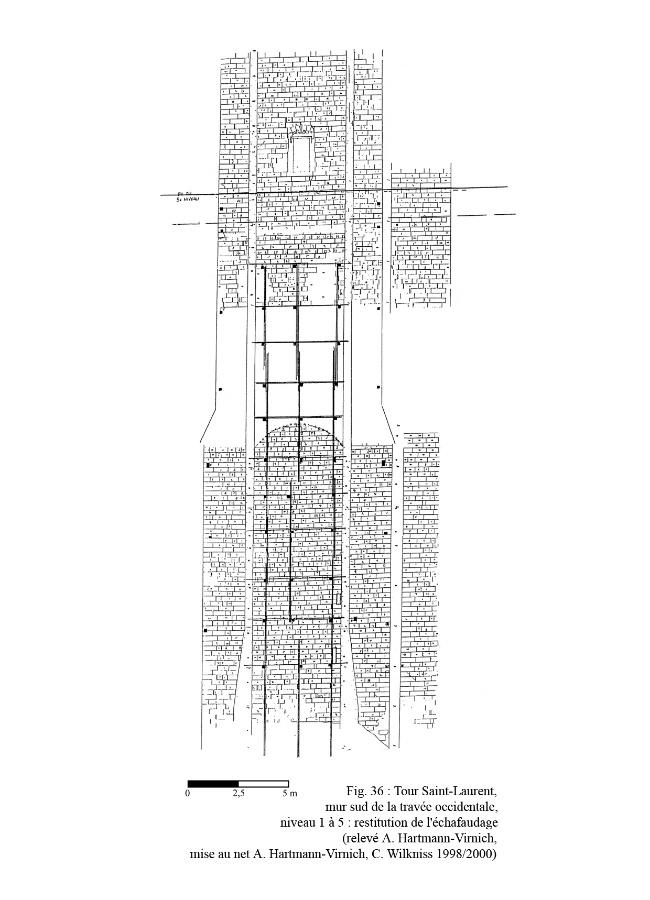 <p>Tour Saint Laurent : vue et relev pierre à pierre d’une travée de la face sud avec restitution de l’échafaudage de la construction (1353 - 1357)</p>