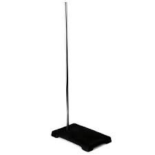 <p>metal rod fixed upright in a heavy metal base; used as a support</p>