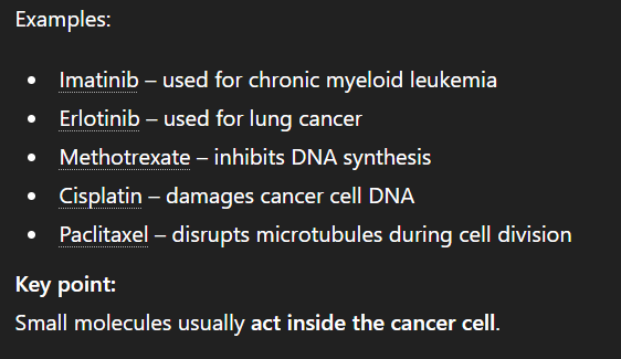 <p>small chemical compounds that are able to cross the cell membrane to enter cancer cells and target enzymes or DNA processes </p>
