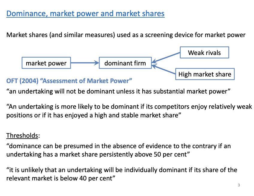 <p>What is a market and who is in the number then calculates the market shares and indirectly calculates the power. Simplified, we know who is in the market here. The think how the competition agency defines market power</p><p>&nbsp;</p><p>OFT - Office of fair trade, pre CMA. CMA accepted all of the previous documents</p><p>&nbsp;</p><p>Undertaking means a firm</p><p>&nbsp;</p><p>Market power - ability to set the price above MC</p><p>&nbsp;</p><p>OFC links, power market on one hand to its market share of the other hand.</p>