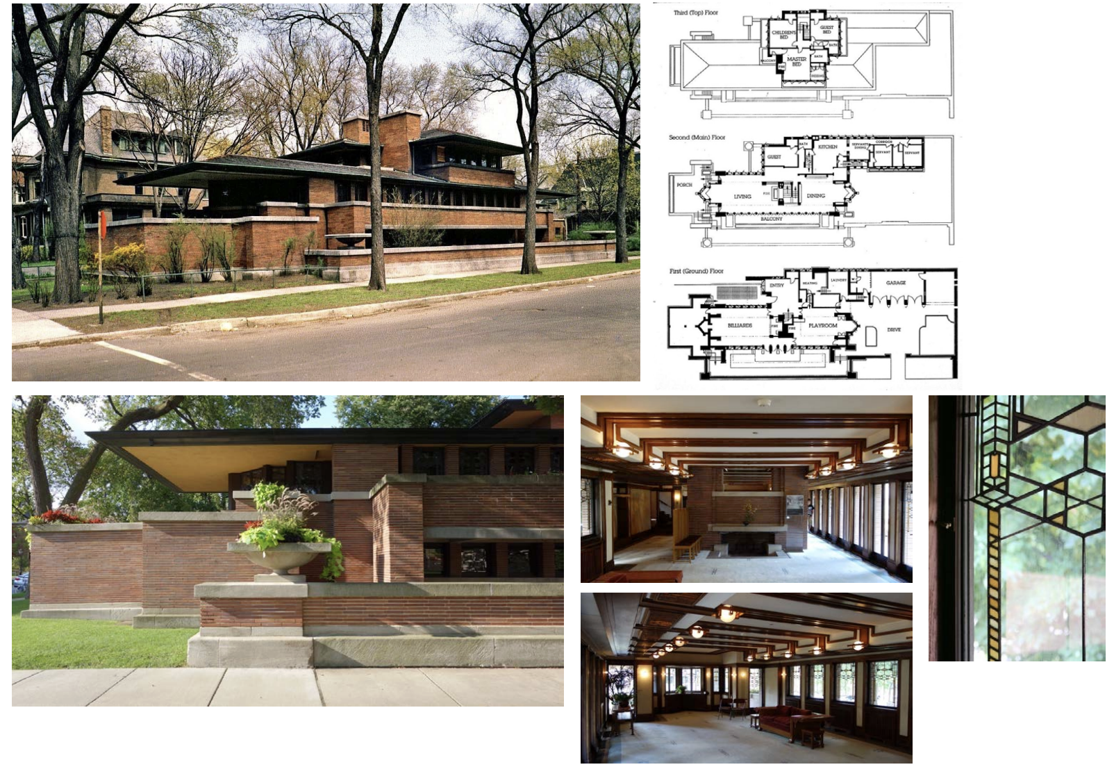 <p>27 year old wealthy client requests views onto nearby park, seeing the outside while privacy is protected. Horizontally structured, built around fireplace as the sacred hearth. Privacy solution from overhangs that cast shadows. Built in prairie style for horizontality. Detailed long bricks with subtle indication on vertical parts where it’s colored like the bricks, but still renders each brick as distinctive. Stained glass ornamentation of windows with wheat motifs.</p>