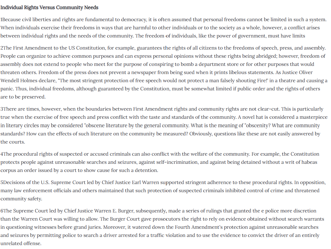 <p>Which of the following statement best expresses the main idea of paragraph 2?</p><ol><li><p>The rights of all citizens to the freedoms of speech, press, and assembly are guaranteed by the First Amendment.</p></li><li><p>People can organize to achieve common purpose and can express personal opinions without these rights being abridged.</p></li><li><p>Freedom of the press does not prevent a newspaper from being sued when it prints libelous statements.</p></li><li><p>Individual freedom must be somewhat limited if public order and the right</p></li></ol><p></p>