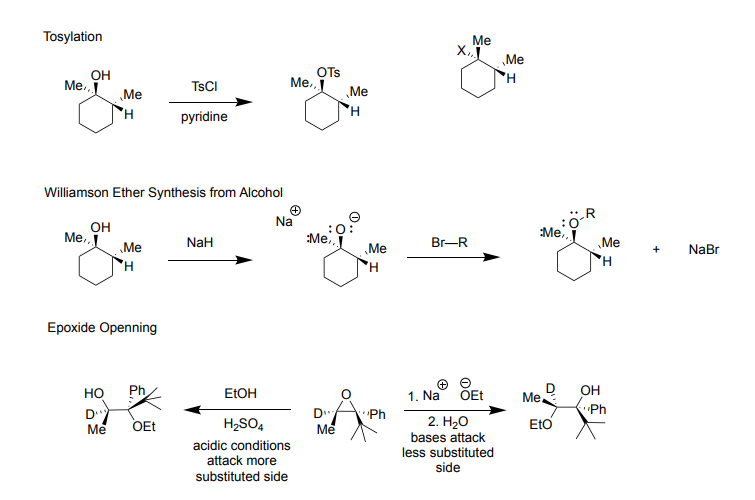 <p>Tosylation:</p><p>-good for replacing OH to an OTs group in order to make it easier to convert it to an alkyl halide (BEST used with 2 ∘ chiral carbon)</p><ul><li><p>Used with secondary chiral carbon bc wants to avoid racemic product of the chiral center (want complete inversion for product)</p></li><li><p>Commonly two steps: 1st Step) TsCl + pyridine 2nd Step) X Nucleophile (Cl, Br, or I) for Sn2</p></li></ul><p>-Reagents: TsCl + pyridine</p><p>-Products: OH is replaced with OTs (p-toluenesulfonate) when replaced O-C bond does not break so it is not invereted</p><p></p><p>Williamson Ether Synthesis from Alcohol:</p><p>-creates ether from alcohol</p><p>-Reagents: 1st Step) NaH, 2nd Step) Br-R (Br connected to carbons in other words an alkyl halide)</p><ul><li><p>First step treats alcohol with NaH bc alchol is a bad leaving group (deprotonate alcohol)</p></li><li><p>Second Step is an Sn2 reaction with an alkyl halide (ideal alkyl halide would be a 1° for this reaction, more sterically bulky = bad)</p></li></ul><p>-Products: 1st product) H deprotonates OH, leaving O neg and Na pos. 2nd product) Br attaches to Na while the rest of the alkyl halide attaches to O stabilizaing the charge</p><p></p><p>Epoxide Opening</p><p>-epoxide opens up to create alcohol</p><p>-acidic conditions: attack the more substituted side, can protonate</p><ul><li><p>Reagents: EtOH + H2SO4</p></li><li><p>Products: one product epoxide opens up, OH goes to the more substituted side</p></li></ul><p>-basic conditions: bases attack the less substituted side</p><ul><li><p>Reagents: 1st step) Na+Oet- 2nd step) H2O</p></li><li><p>Products: one product epoxide opens up, OH goes to the less substituted side</p></li></ul><p></p>